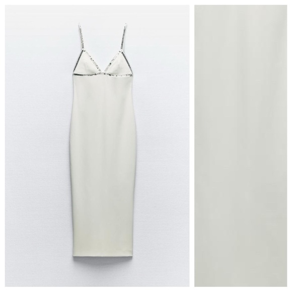 NWT. Zara White Rhinestone Midi Dress with V-neckline. Size S. - Picture 6 of 11